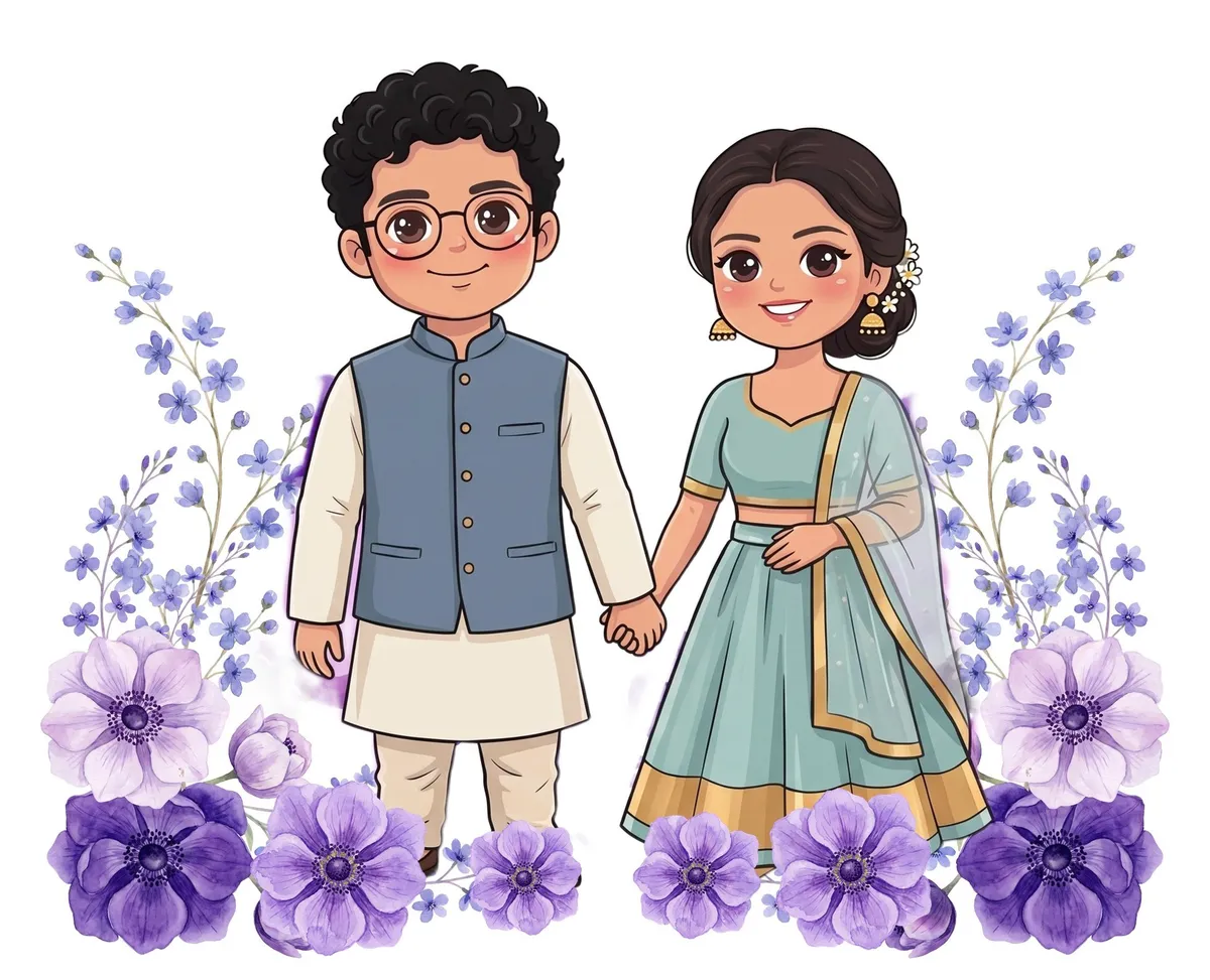 A cartoon of Ishaan and Riya holding hands among violet flowers