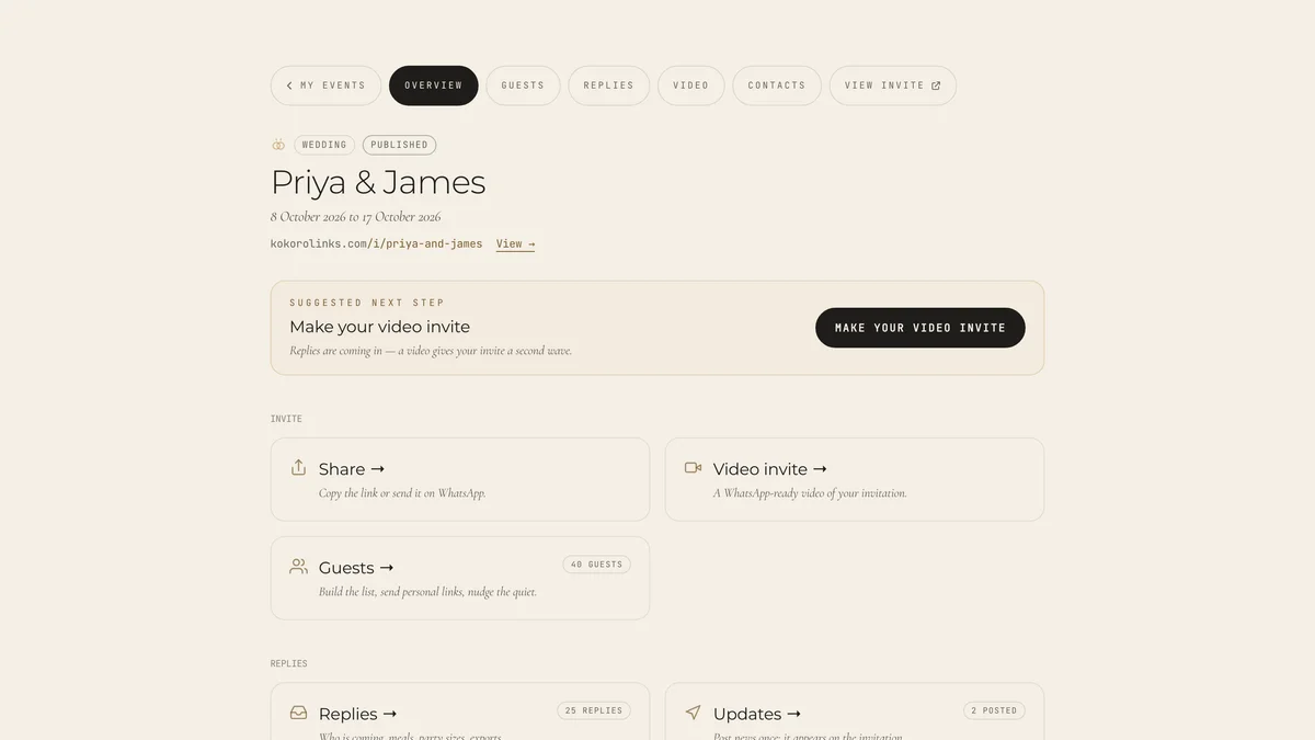 The event home page with its four groups of tiles and a suggested next step.