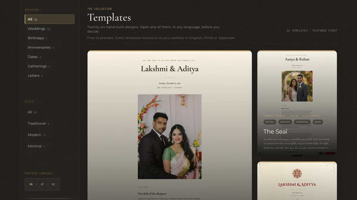 The template gallery with event-type filters along the top.