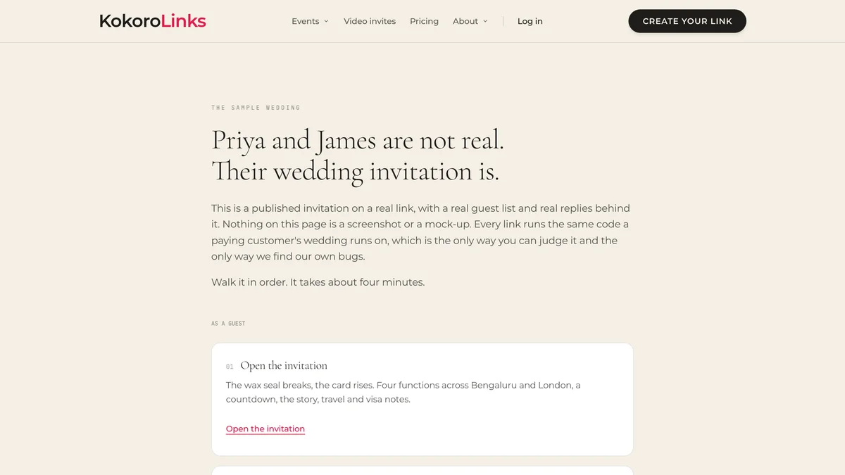 The sample wedding page listing the guest walk and the host walk as numbered steps.