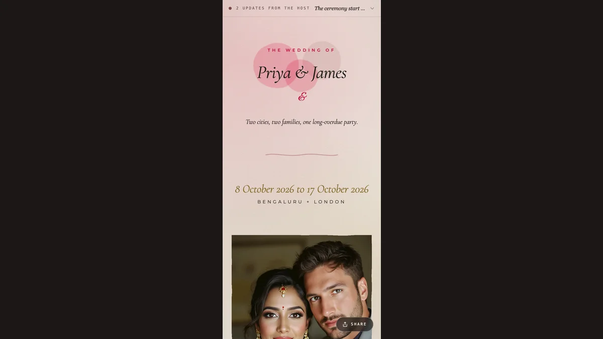 The sample invitation on a phone at the moment the envelope opens.