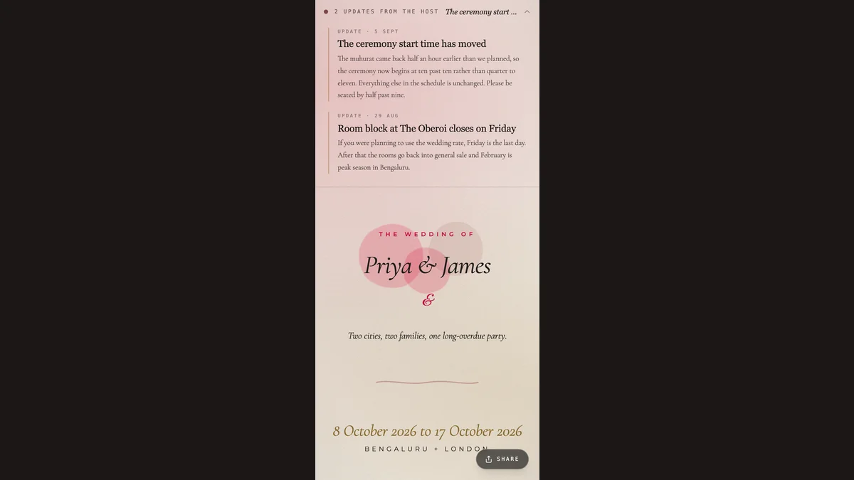 Two host updates at the top of the invitation on a phone.