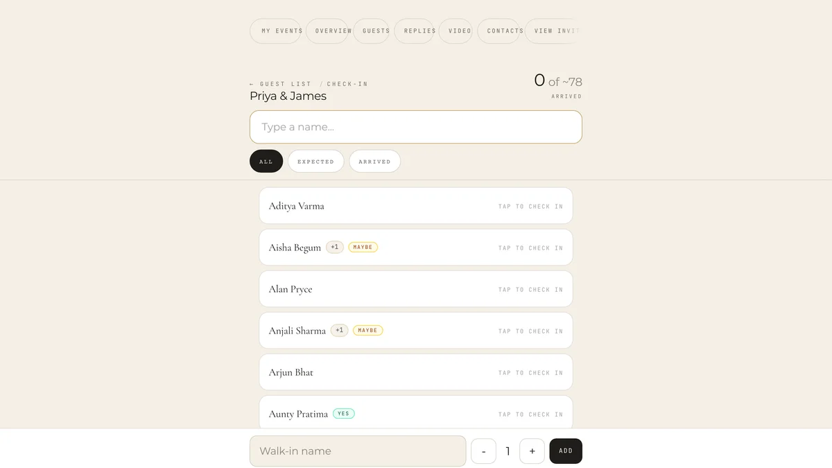 The door screen: a large arrived count, a search box, and rows to tap.