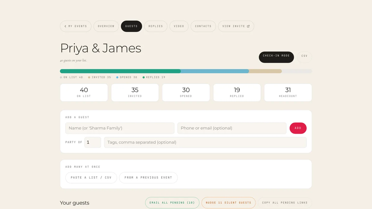 The funnel bar and status chips, with a Nudge button on a guest who has not replied.