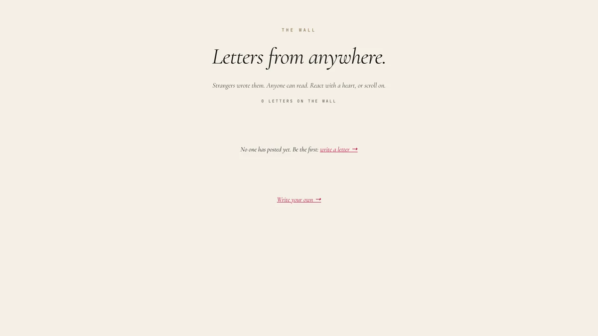 The wall: a feed of letters, newest first, each with a heart.